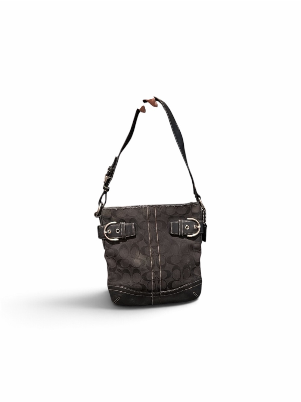 Coach Dark Brown Signature Canvas Shoulder Bag with Buckle Accents